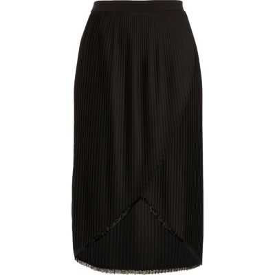 Black wrap front pleated midi skirt